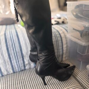 Sleek Black tall leather Boots with Stiletto Heel